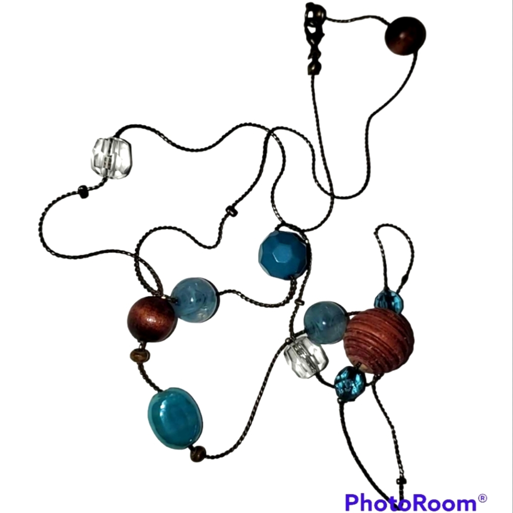 34" Long Boho Chain Necklace Natural Tan Wood & Crystal Blue & Clear Beads